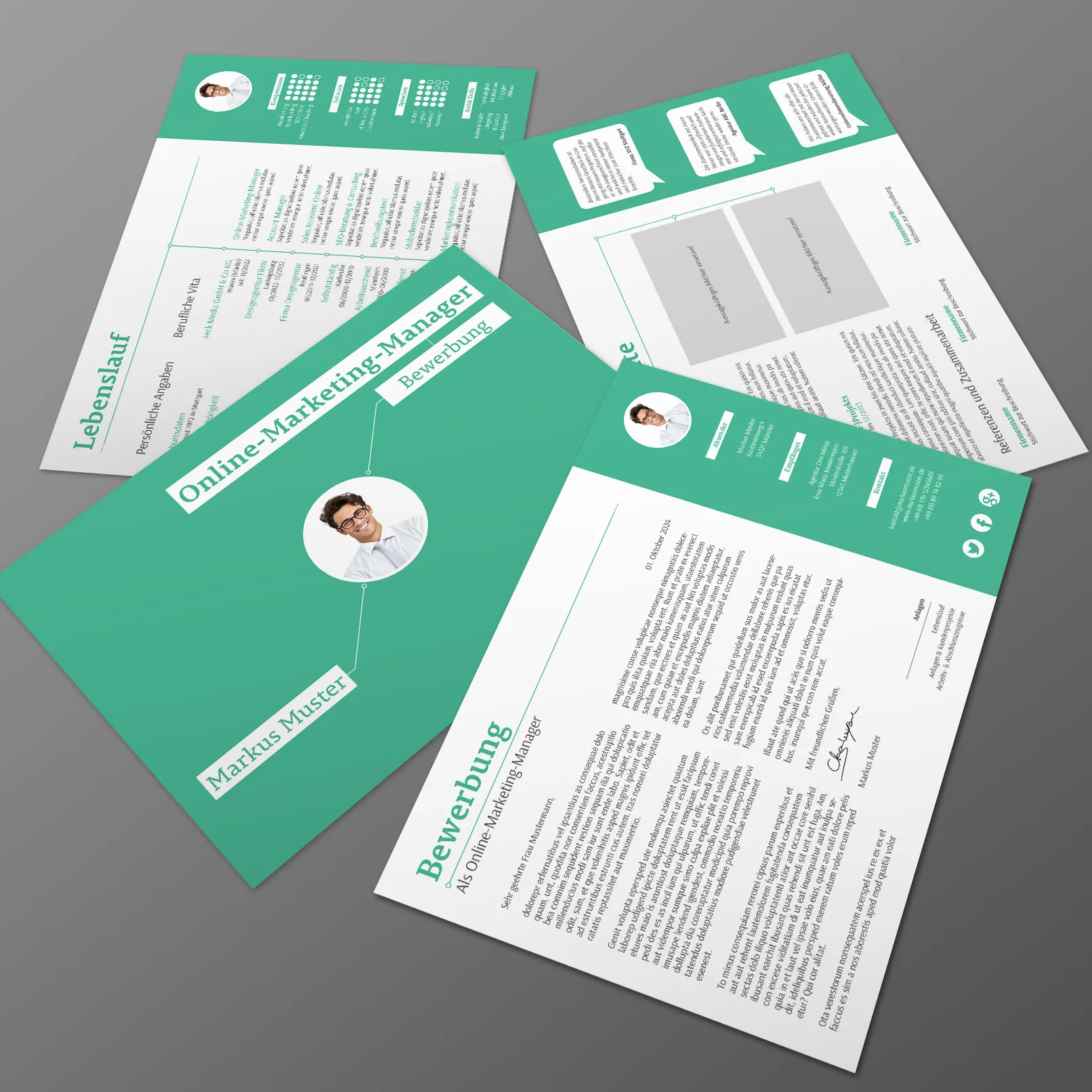 Deckblatt, Lebenslauf, Anschreiben- und Referenzen-Seite – alles ist in einem einheitlichen Design vorbereitet. Bewerbungsvorlage im Querformat zur Bewerbung als Social-Media- bzw. Online-Marketing-Manager