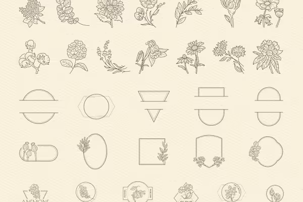 Icônes, graphiques et logos avec des fleurs, des herbes, des fleurs et des cadres décoratifs.