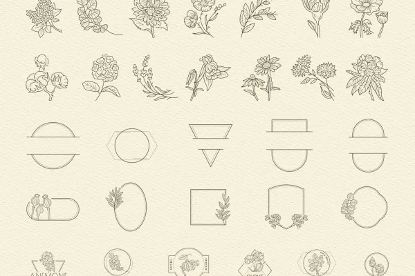 Icons, Grafiken & Logos mit Blumen, Kräutern, Blüten und ziervollen Rahmen