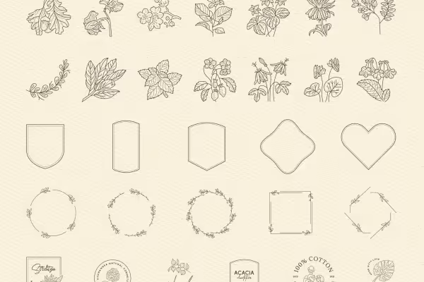 Icônes, graphiques et logos avec des fleurs, des herbes, des fleurs et des cadres décoratifs.