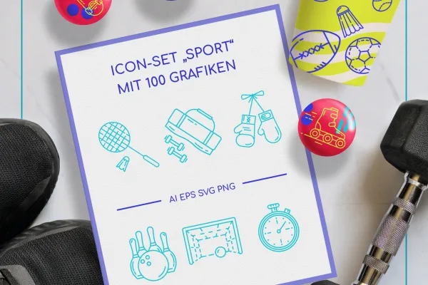 Komplekt 100 ikooniga spordi, jalgpalli, korvpalli, tennis ja muude teemade kohta.