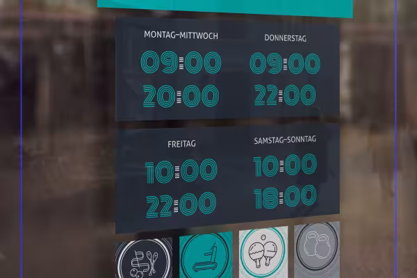 Opening hours sign with sports icons