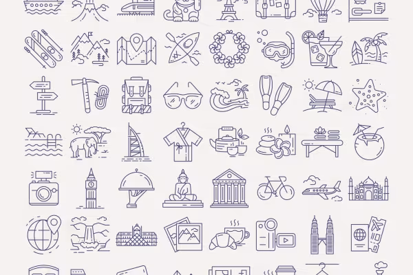 100 icônes sur les thèmes des voyages et des vacances