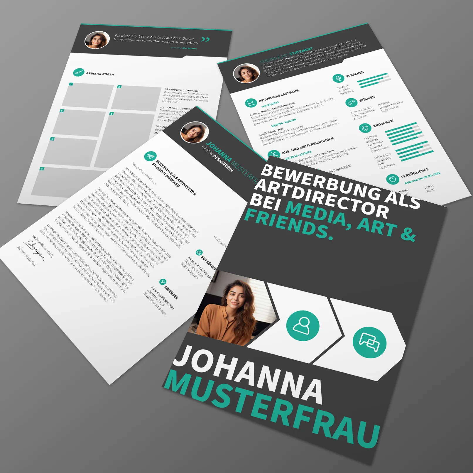 Deckblatt, Anschreiben, Lebenslauf, Arbeitsproben – die Layouts für deine Bewerbung sind vorbereitet! Bewerbung als Grafikdesigner/-in – Design-Muster für Deckblatt, Lebenslauf und Anschreiben