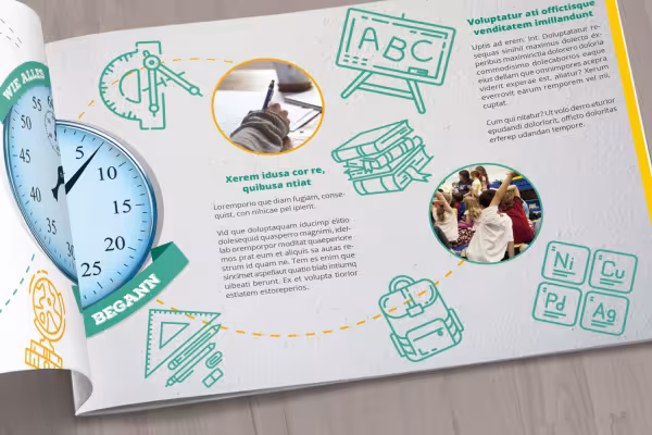 Icônes de science, école, éducation et université dans un journal d'étudiants ou de fin d'études.
