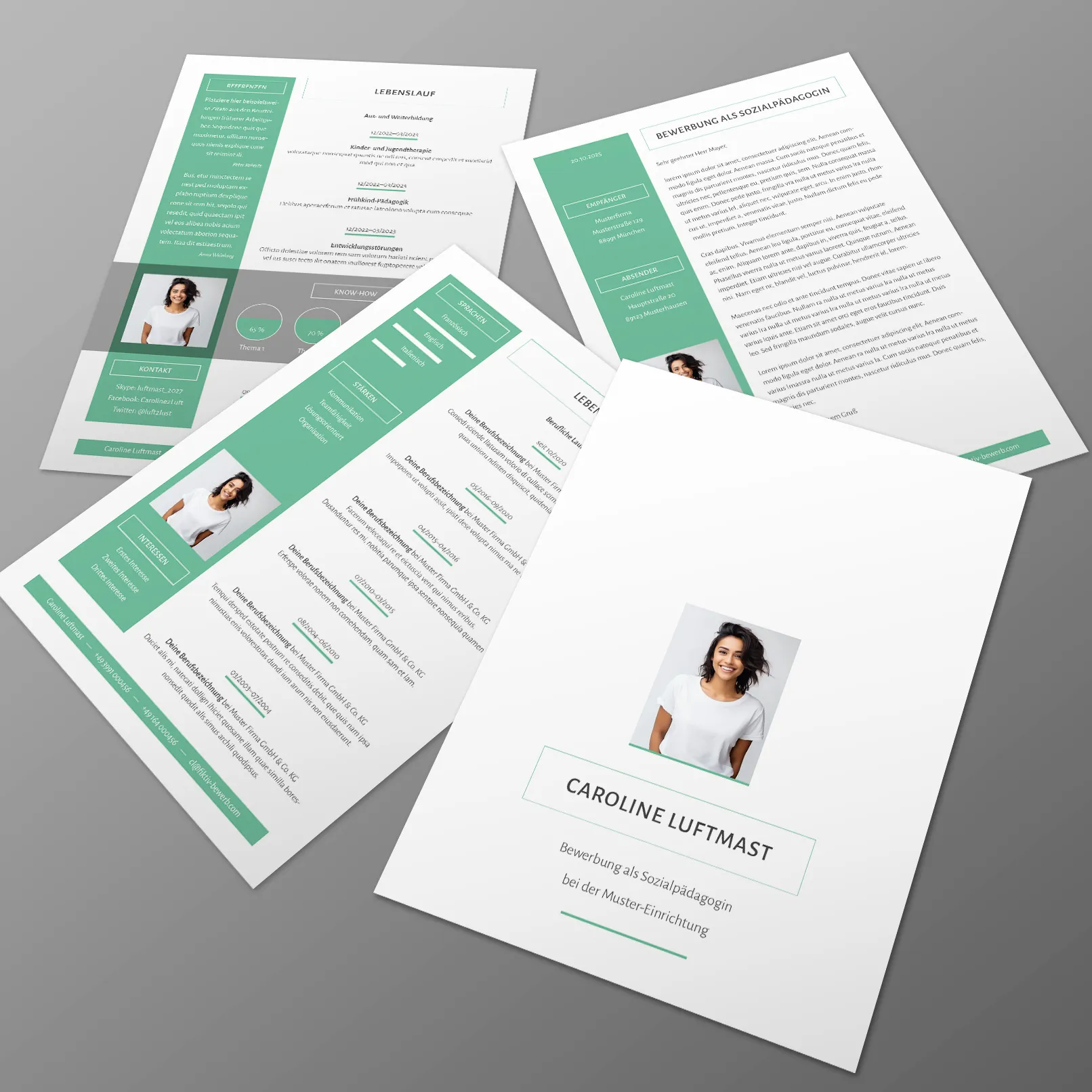 Deckblatt, Lebenslauf, Anschreiben, Anlagenverzeichnis: die Layouts für deine Bewerbung stehen bereit! Bewerbung Soziale Arbeit, Sozialpädagogin/Sozialpädagoge: Design-Muster für Word und InDesign