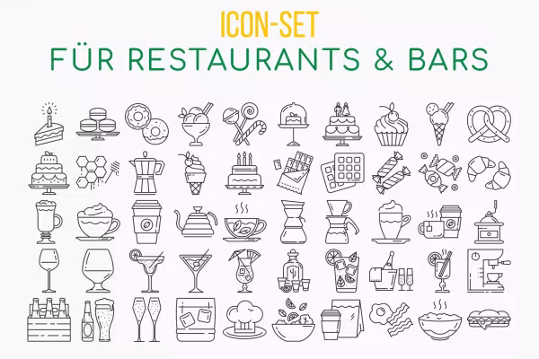 Icons zu den Themen Food und Essen, Drinks und Getränke, Restaurants und Bars