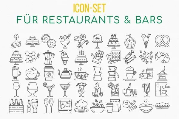 Icons zu den Themen Food und Essen, Drinks und Getränke, Restaurants und Bars