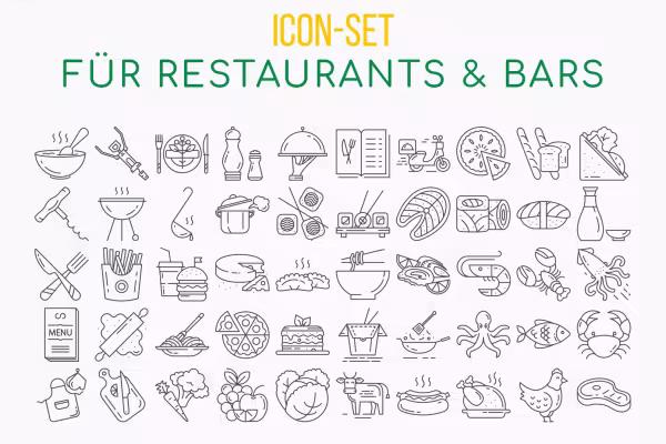 Icons zu den Themen Food und Essen, Drinks und Getränke, Restaurants und Bars