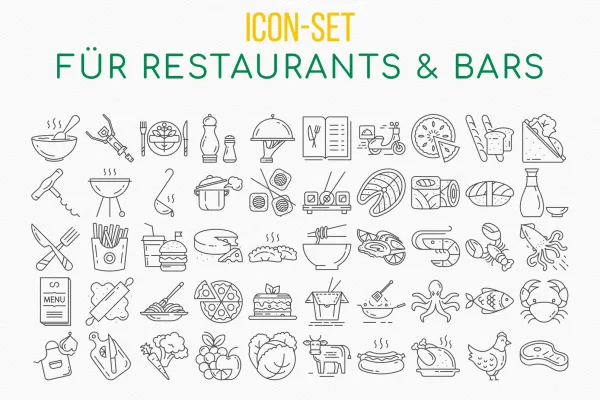 Icons zu den Themen Food und Essen, Drinks und Getränke, Restaurants und Bars