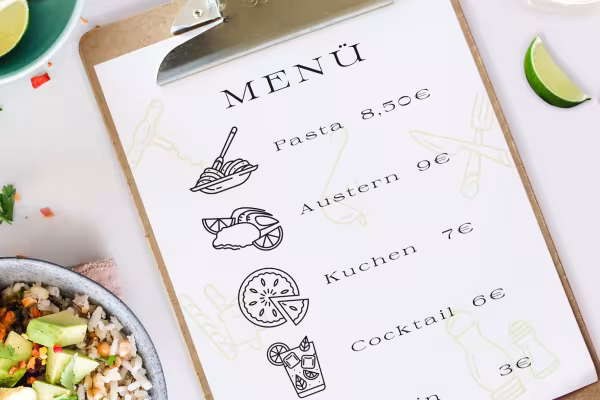 Icons zu den Themen Food und Essen, Drinks und Getränke, Restaurants und Bars auf einer Menükarte