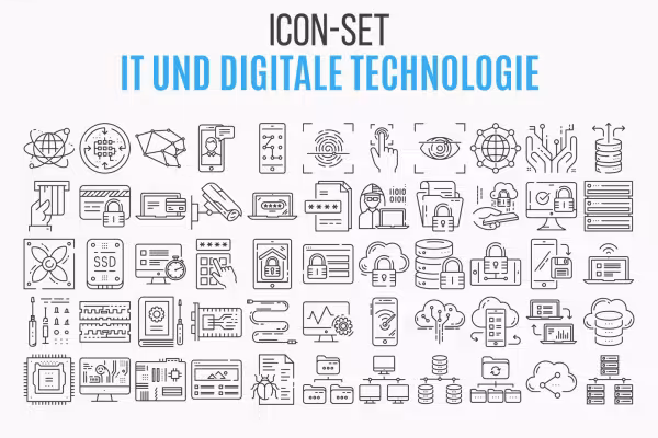 Vista general del conjunto de iconos de TI y tecnología digital con 110 gráficos