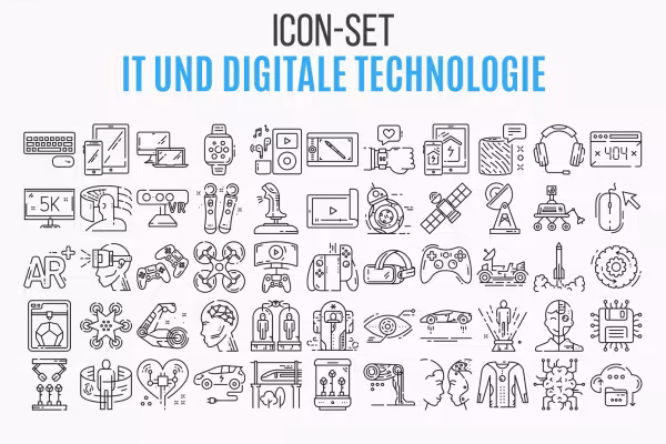 Vista general del conjunto de iconos de TI y tecnología digital con 110 gráficos