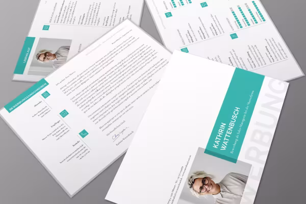 Digital søknadsmal - mal i liggende format med oppsett for forside, søknad, CV, referanser.