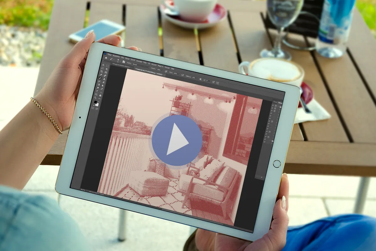 Video-Anleitung zur Bearbeitung von Architekturfotos mit der Photoshop-Aktion „Gravur & Farbeffekt“