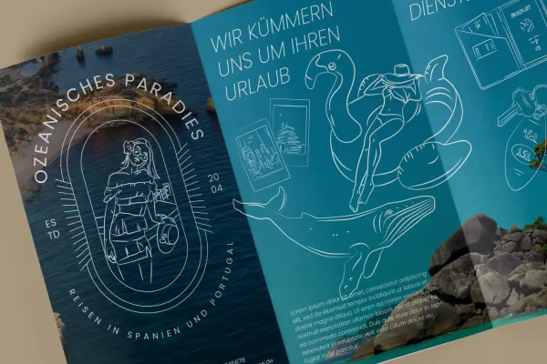 Grafiken rund um die Themen Reisen, Urlaub und Tourismus in einem Flyer