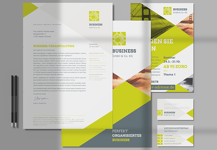 Toimistotarvikkeet "Business": esitteet, kirjepaperi, käyntikortti ym. ladattavaksi