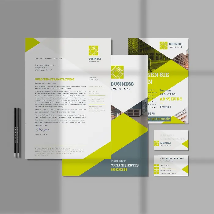 Bedrijfsuitrusting "Business": Flyers, briefpapier, visitekaartjes enz. om te downloaden.