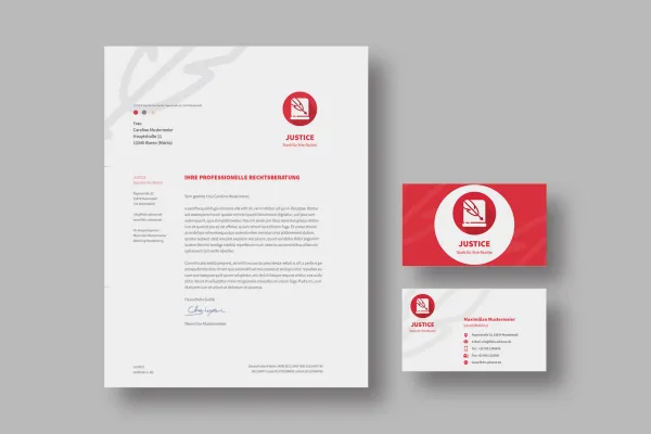 Zakelijke uitrusting voor advocaten, advocatenkantoren en juridisch advies: briefpapier en visitekaartjes.