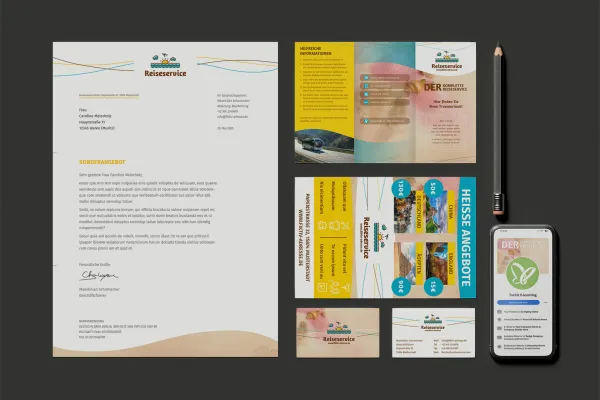 Sjablonen voor vakantie- en reisadvertenties met briefpapier, reisbrochure, advertentie, visitekaartje, Facebook-titelafbeelding.