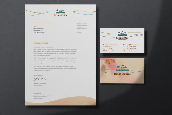 Sjablonen voor vakantie- en reispromotie met briefpapier en visitekaartjes.