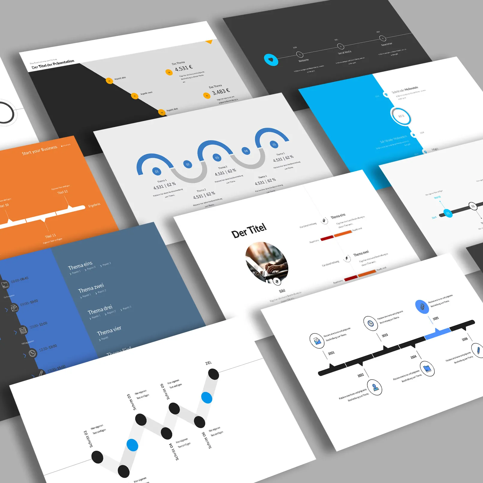 Шаблони часової лінії для PowerPoint, Google Slides та Keynote: різноманітні дизайни ліній часу.