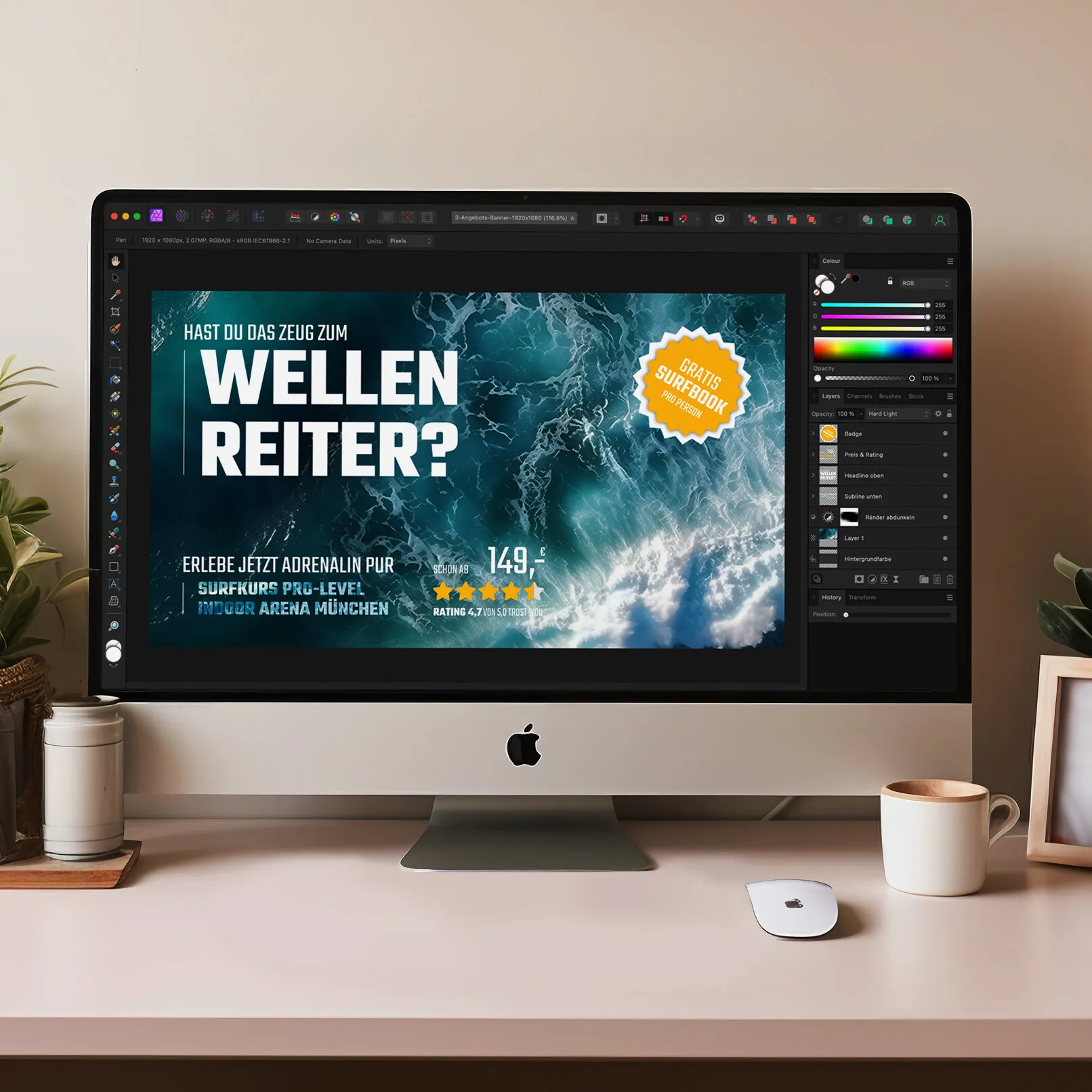 Template spanduk untuk Photoshop dan Affinity Photo dengan desain surfer 