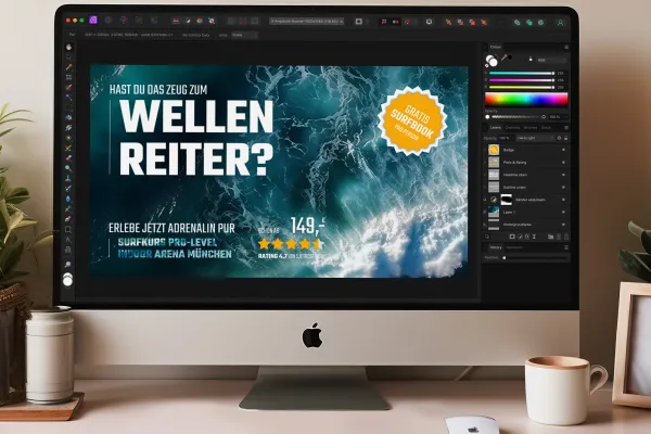 Template spanduk untuk Photoshop dan Affinity Photo dengan desain surfer 