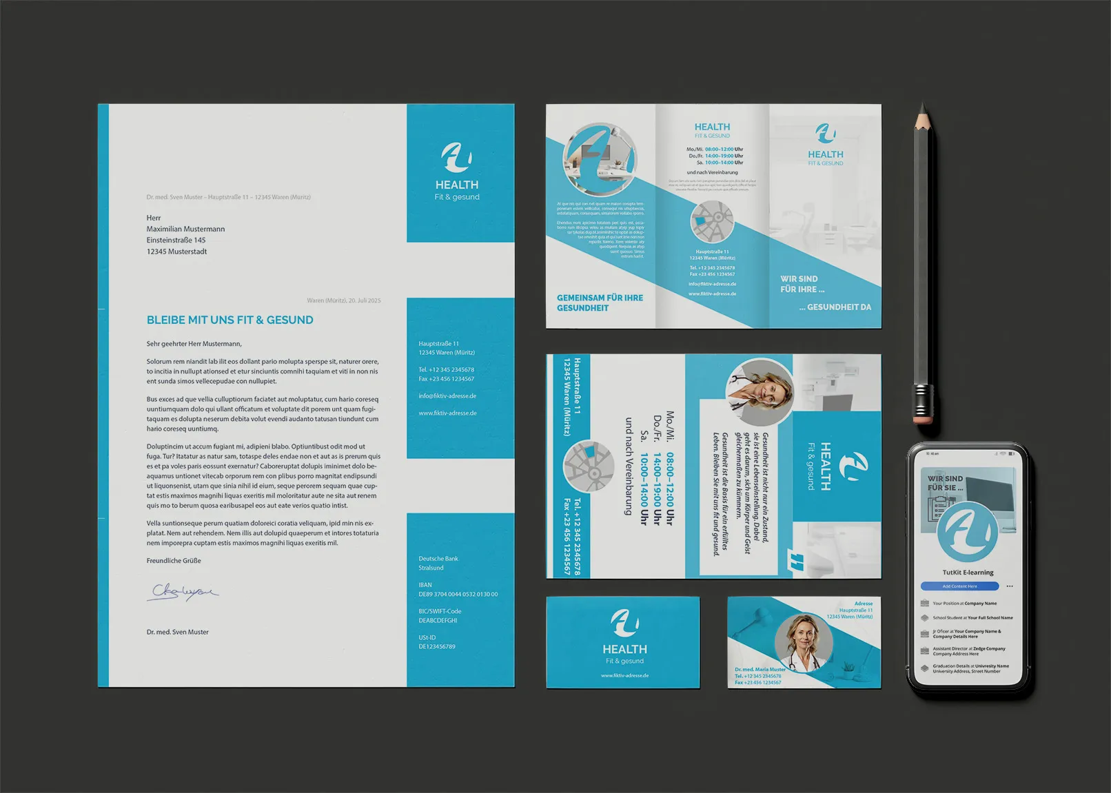 Design-Vorlagen für Ärzte, Zahnärzte, Gesundheitswesen: Briefpapier, Visitenkarte, Flyer