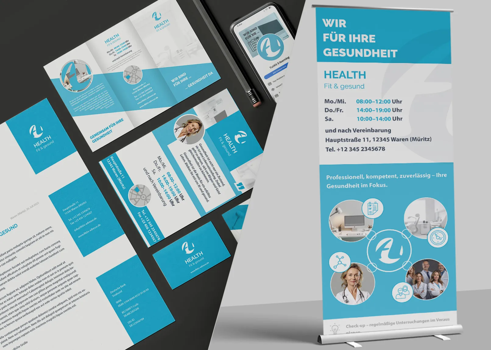 Design-Vorlagen für Ärzte, Zahnärzte, Gesundheitswesen: Briefpapier, Visitenkarte, Flyer, Roll-up