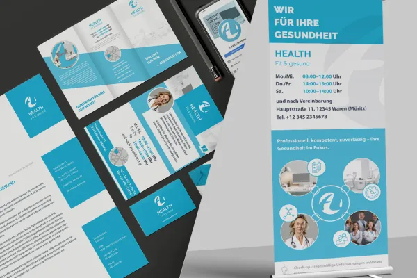 Design-Vorlagen für Ärzte, Zahnärzte, Gesundheitswesen: Briefpapier, Visitenkarte, Flyer, Roll-up