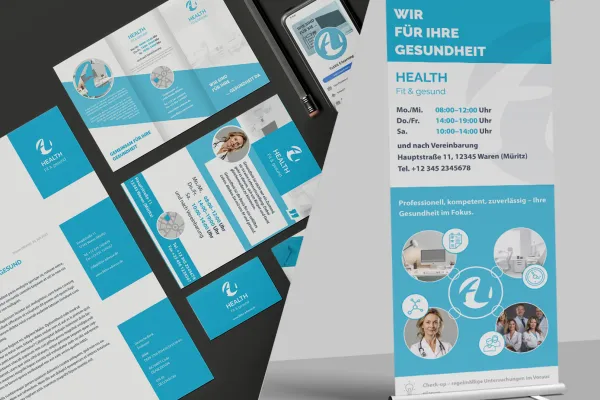 Ontwerpsjablonen voor artsen, tandartsen, gezondheidszorg: briefpapier, visitekaartje, flyer, roll-up.