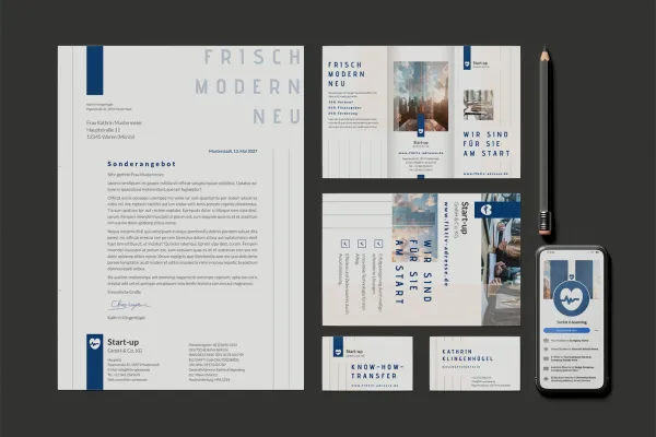 Kantoormateriaal voor start-ups - sjablonen: flyer, briefpapier, visitekaartje.