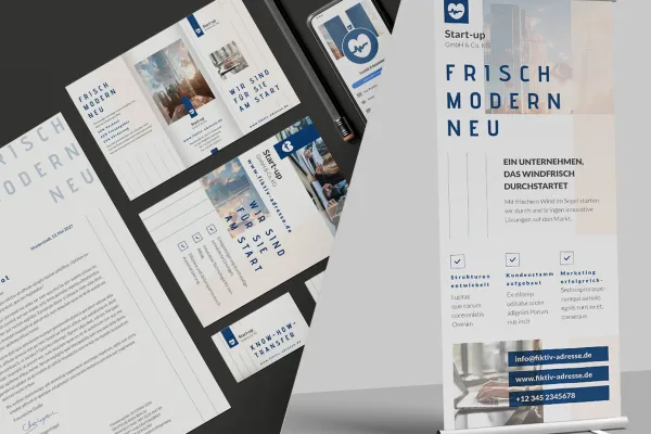 Bedrijfsbenodigdheden voor start-ups - sjablonen: flyer, briefpapier, visitekaartje, roll-up.