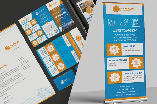 Corporate design sjablonen voor ambacht en middenstand: flyer, briefpapier, roll-up.