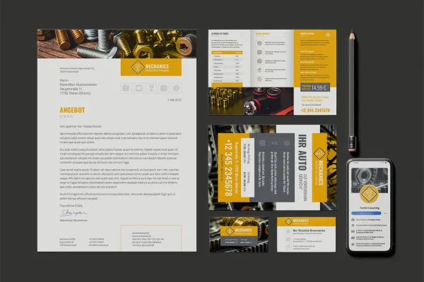 Corporate Design Mechanics voor vakmensen, werkplaatsen: briefpapier, flyer, visitekaartje, Facebook-titelafbeelding