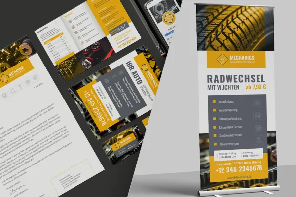 Corporate Design Mechanica voor ambachtslieden, werkplaatsen: briefpapier, flyer, visitekaartje, roll-up.