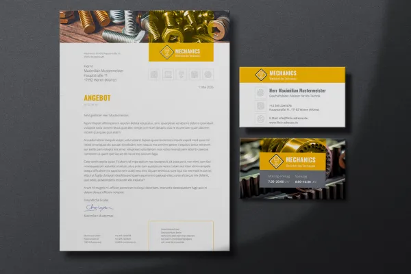 Corporate Design Mechanics voor vakmensen, werkplaatsen: briefpapier, visitekaartje.