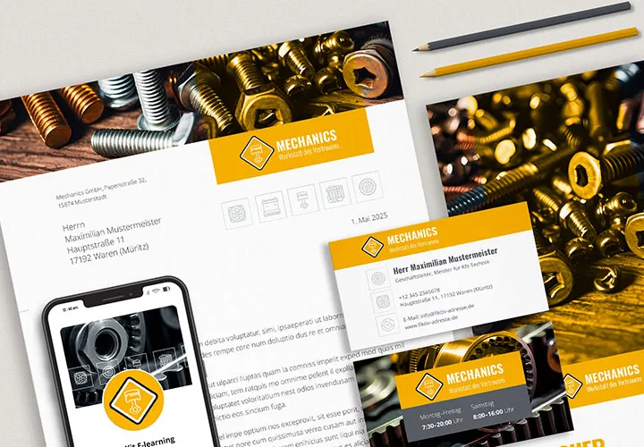 Mechanik" - Corporate design voor ambachtslieden, werkplaatsen, reparatiedienstverleners.