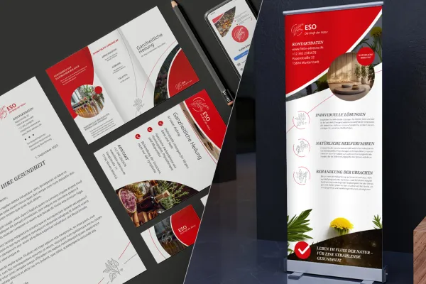 Ontwerpsjablonen voor alternatieve geneeskunde, esoterie & natuurgeneeskundige: briefpapier, roll-up, flyer.