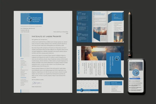 Corporate-Design-Vorlagen für Finanzdienstleister & Versicherungsanbieter: Briefpapier, Flyer, Visitenkarte, Anzeige
