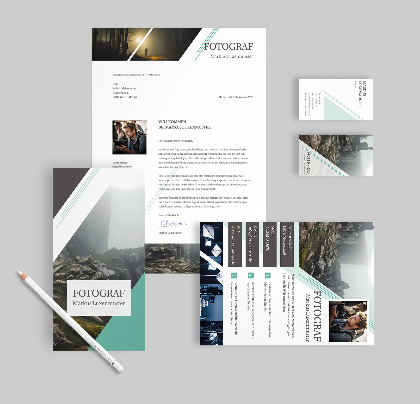 Template Desain Bisnis untuk Fotografer dan Studio Foto: Brosur, Kertas Surat, Kartu Nama, Iklan
