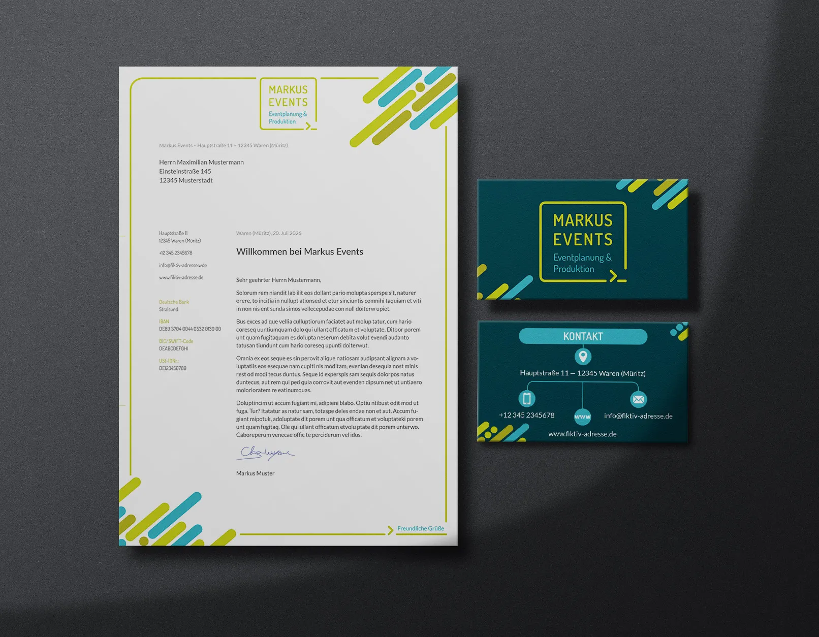 Design-Vorlagen für Event-Veranstalter & -Manager: Briefpapier und Visitenkarte