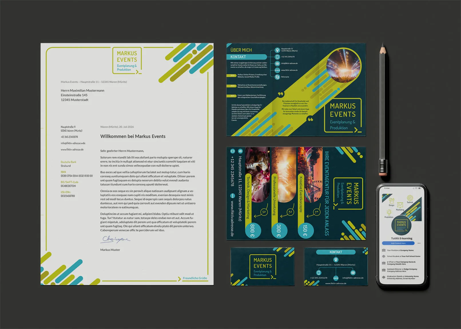 Design-Vorlagen für Event-Veranstalter & -Manager: Briefpapier, Flyer, Visitenkarte