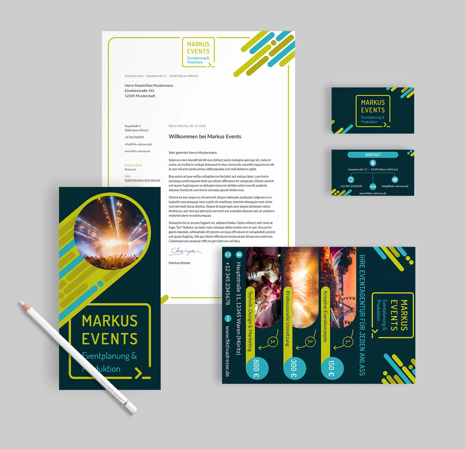 Ontwerp sjablonen voor evenementenorganisatoren & -managers: flyer, briefpapier, visitekaartje, advertentie.