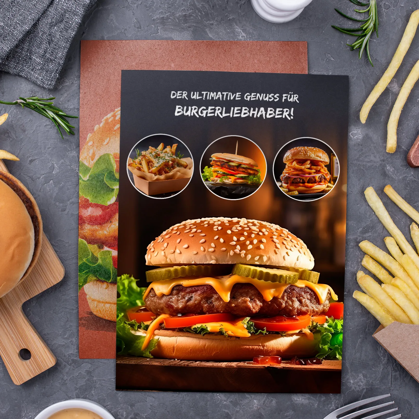 Membuat flyer dengan gambar makanan, hidangan, dan minuman.