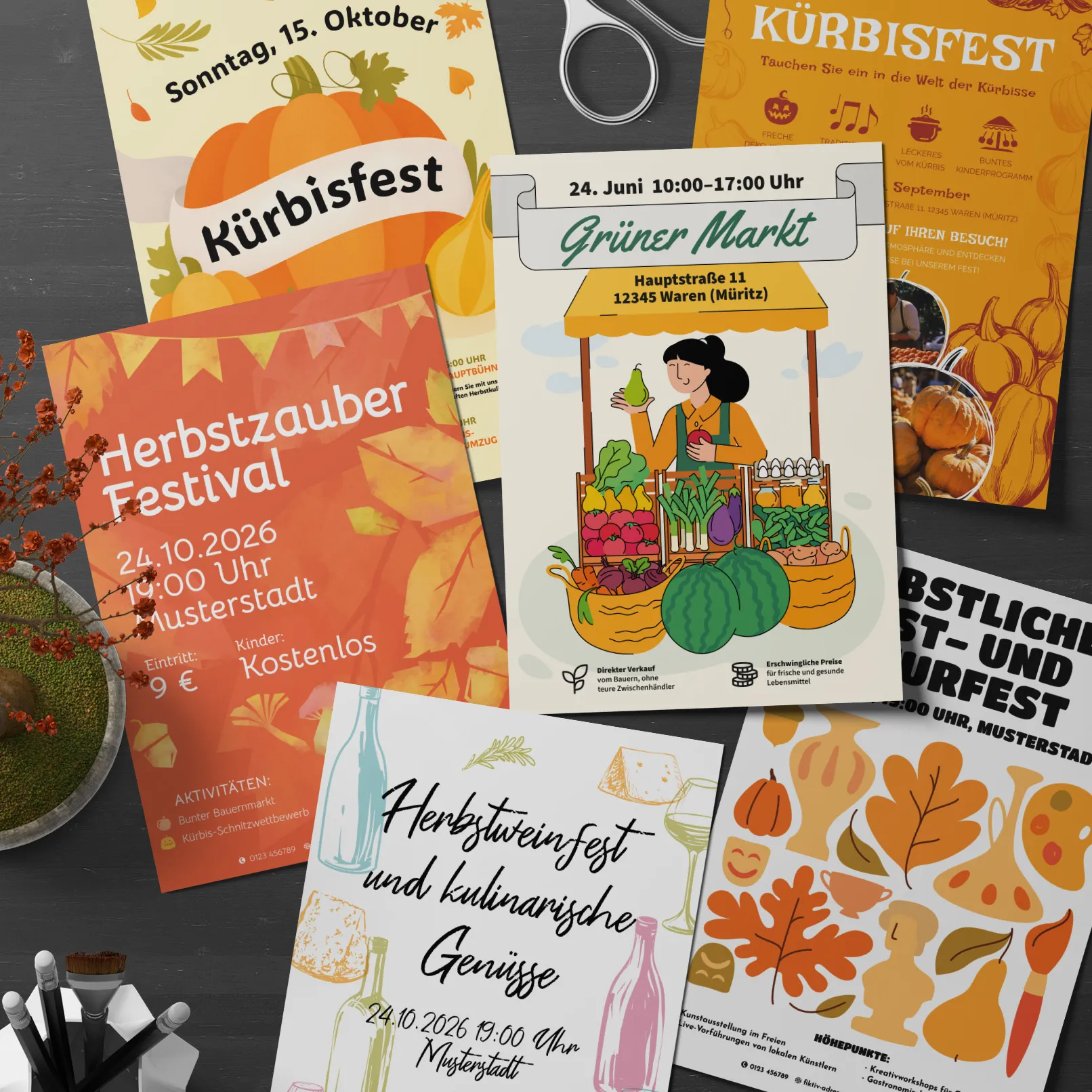 Contoh flyer dan poster untuk festival musim gugur dan perayaan panen.