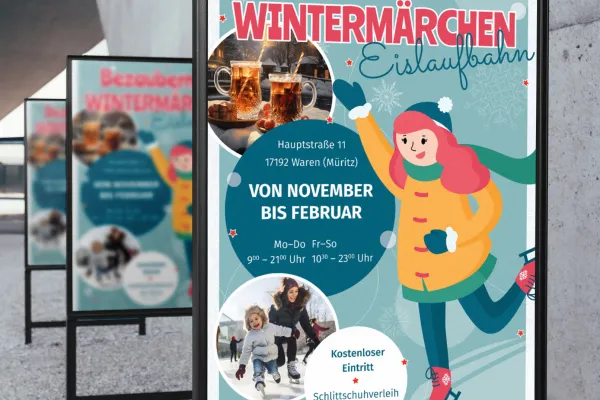 Vorlagen für Weihnachtsplakate und Weihnachtsflyer: Eislaufbahn, Schlittschuhfahren