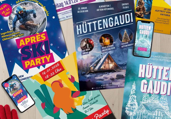 Etter-ski-fest & hytteglede - Flyer- og plakatmaler for vinteren.