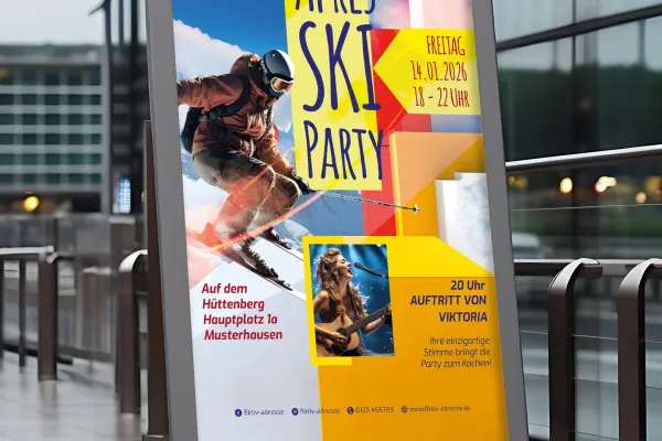 Festa Après-Ski & Diversão em Cabana - Modelo de folheto e cartaz para o inverno.